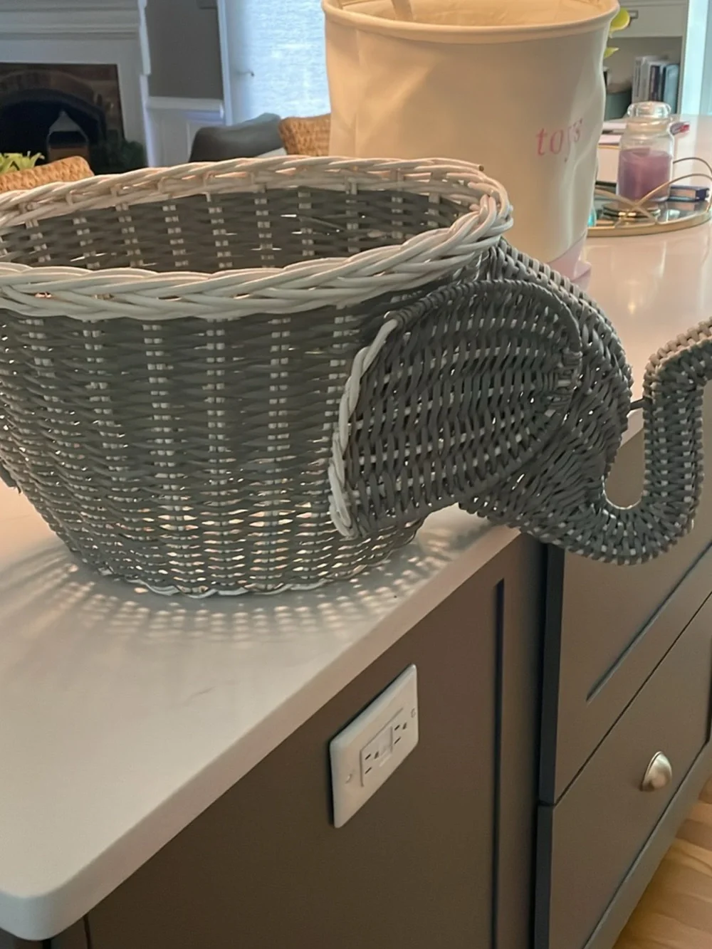 Pottery Barn Kids Wicker Elephant and Canvas Toy Storage Bin in Cream and Pink